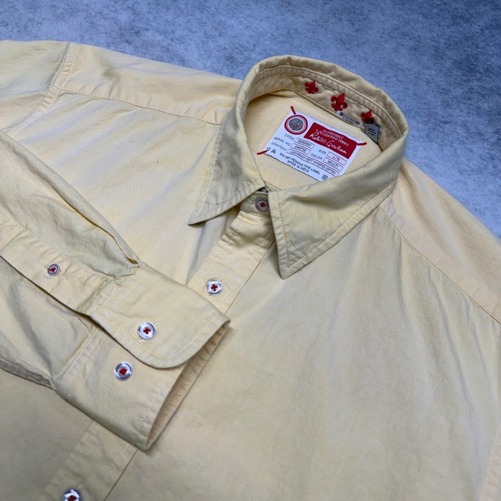 Robert Graham Yellow Button Down Shirt Large Red Stitching Fleur De Lis Y2K